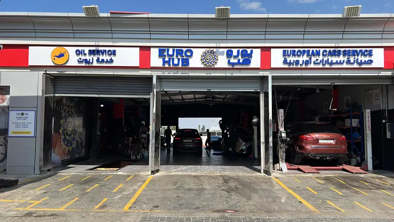 EuroHub European car service workshop on Al Basateen Street, Jeddah — service bays with European cars